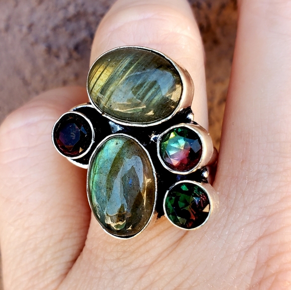 New Labradorite & Bi-Color Tourmaline Silver Ring. - Picture 9 of 16